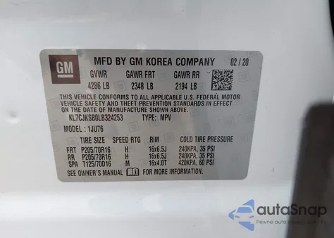 2020 Chevrolet Trax Fwd Ls z USA, uszkodzony, nr VIN KL7CJKSB0LB324253